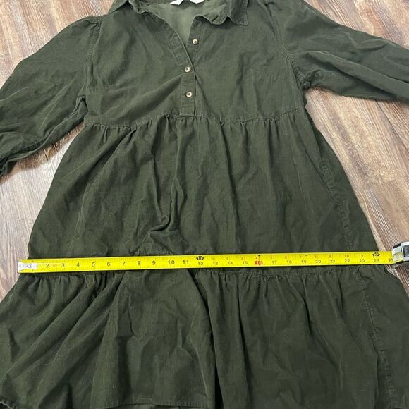 F&F Corduroy Olive Green Tiered Cotton Mini Dress Button Front Size 10 - Picture 8 of 9
